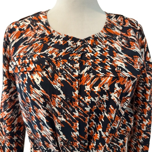 Tyler Boe Elegant Silk Navy Blue and Orange Patterned Long Sleeve Dress - Picture 3 of 16
